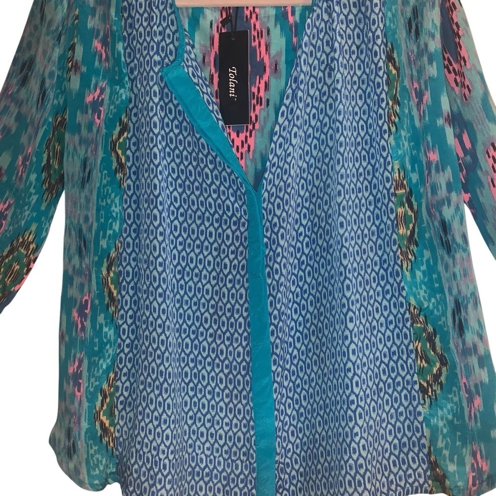 Tolani Top Blouse V-neck Long Sleeve‎ 100% Silk XS Turquoise Abstract NWT New - Picture 4 of 6